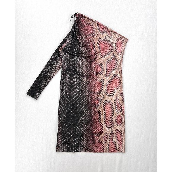 ROBERTO CAVALLI Python Printed One Sleeve Dress XL Pink Black Snake Asymmetric - Picture 3 of 13
